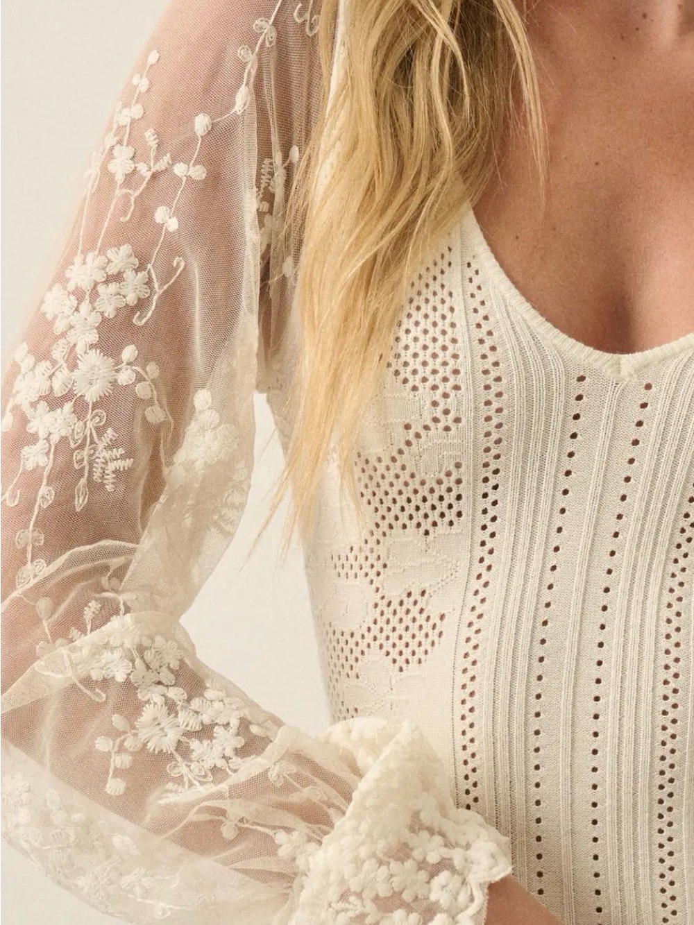 NWT Promesa Pointelle Knit Lace Ribbed Boho Bodysuit Top Blouse Ivory - Picture 12 of 12